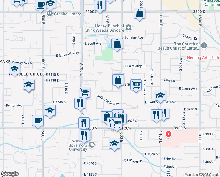 map of restaurants, bars, coffee shops, grocery stores, and more near 3641 South 860 East Street in Millcreek
