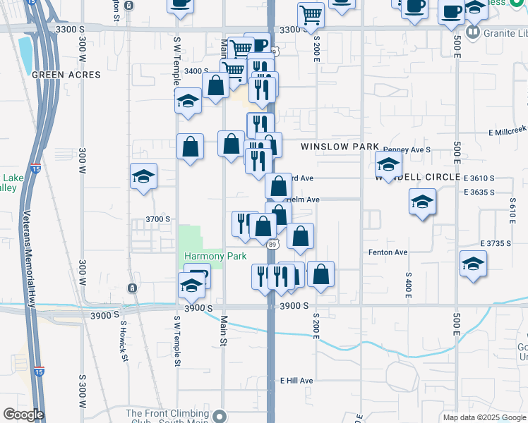 map of restaurants, bars, coffee shops, grocery stores, and more near 3655 South State Street in South Salt Lake