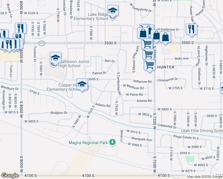 map of restaurants, bars, coffee shops, grocery stores, and more near 3705 Franklin Road in Magna