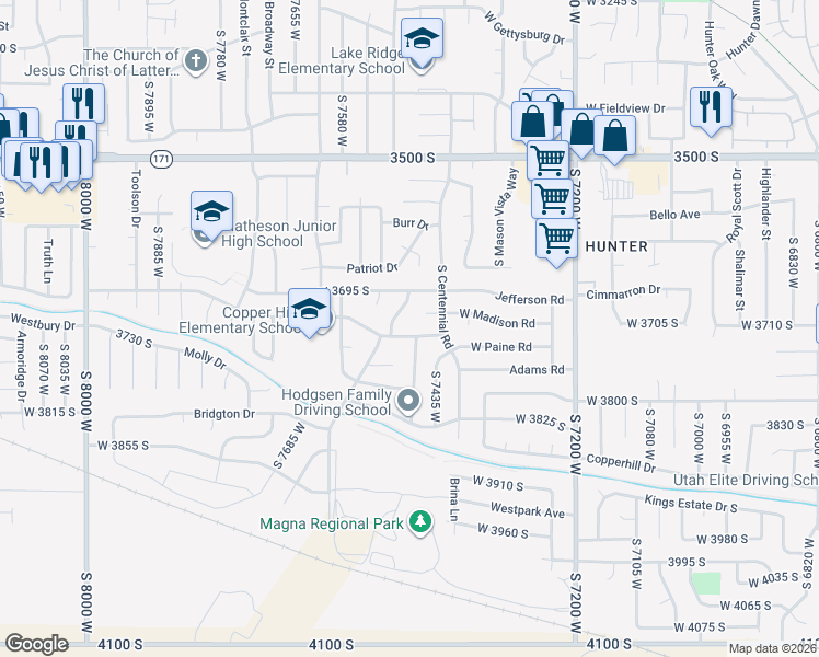 map of restaurants, bars, coffee shops, grocery stores, and more near 3705 Franklin Road in Magna