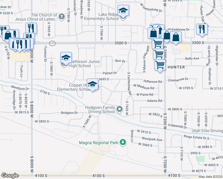 map of restaurants, bars, coffee shops, grocery stores, and more near 3707 Jefferson Circle in Magna