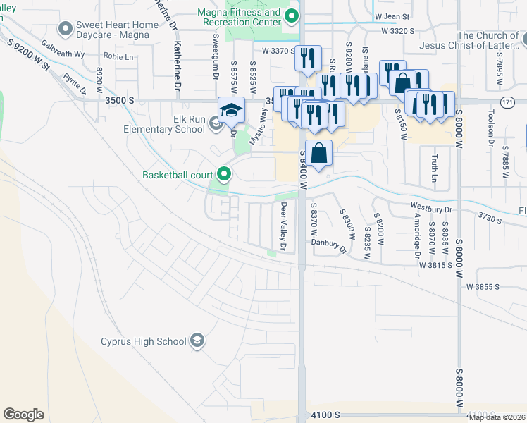 map of restaurants, bars, coffee shops, grocery stores, and more near 8480 Sunset Hills Drive in Magna