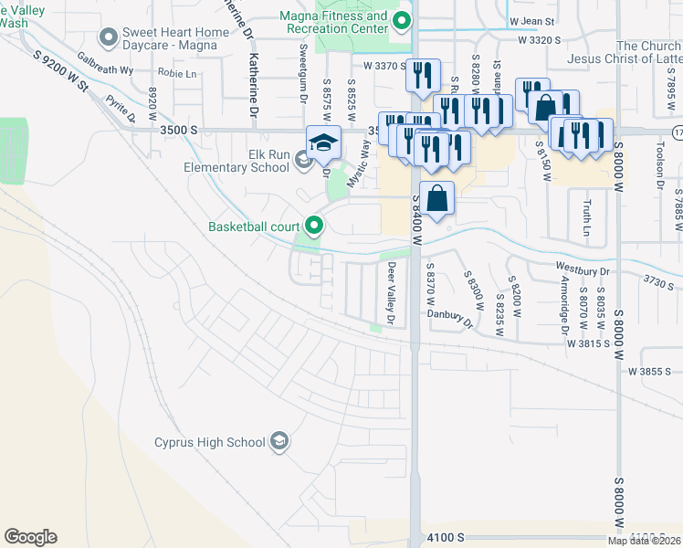map of restaurants, bars, coffee shops, grocery stores, and more near 184 Sunset Hills Drive in Magna