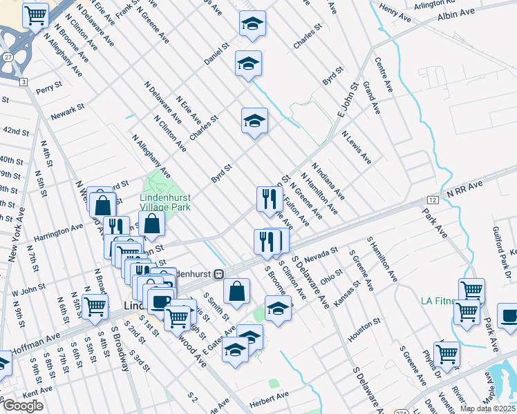 map of restaurants, bars, coffee shops, grocery stores, and more near 204 East John Street in Lindenhurst
