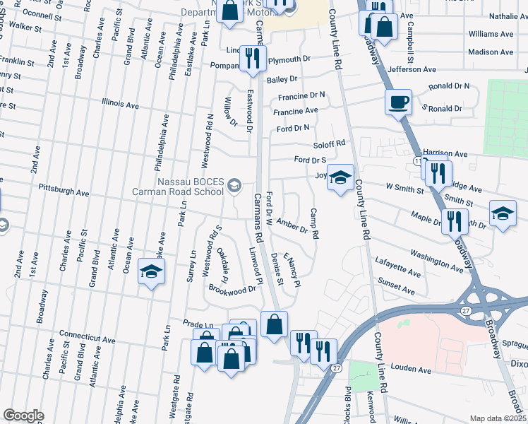 map of restaurants, bars, coffee shops, grocery stores, and more near 1 North Gate in Massapequa