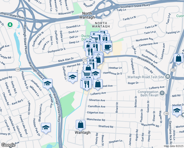 map of restaurants, bars, coffee shops, grocery stores, and more near 1260 Wantagh Avenue in Wantagh