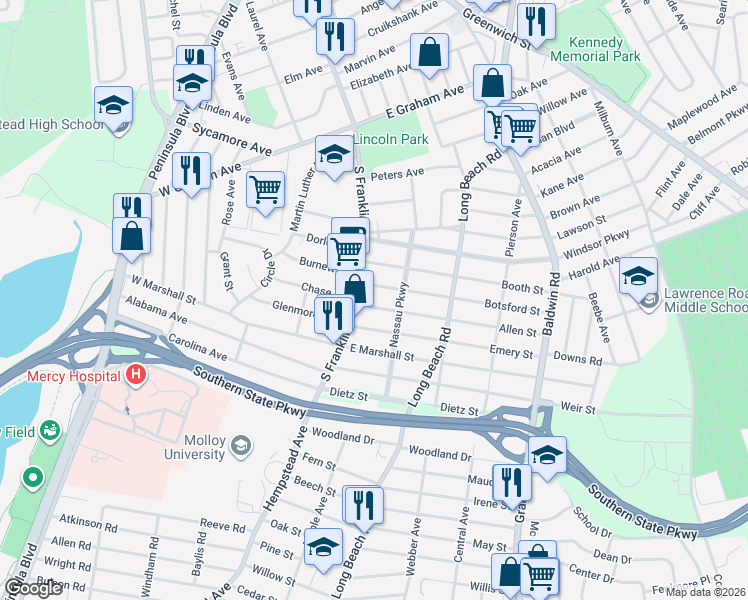 map of restaurants, bars, coffee shops, grocery stores, and more near 11 Botsford Street in Hempstead
