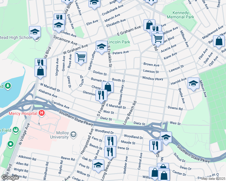 map of restaurants, bars, coffee shops, grocery stores, and more near 11 Botsford Street in Hempstead