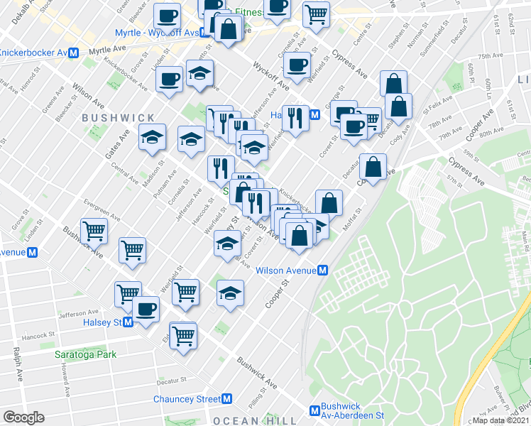 map of restaurants, bars, coffee shops, grocery stores, and more near 273 Eldert Street in Brooklyn