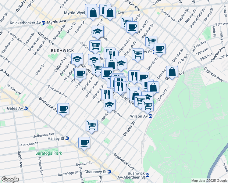map of restaurants, bars, coffee shops, grocery stores, and more near 567 Wilson Avenue in Brooklyn