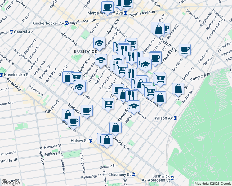 map of restaurants, bars, coffee shops, grocery stores, and more near 1266 Jefferson Avenue in Brooklyn