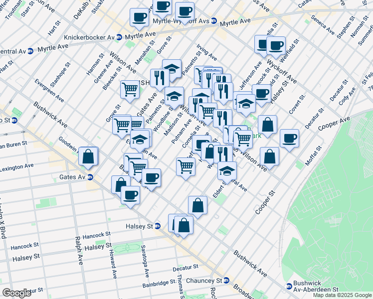 map of restaurants, bars, coffee shops, grocery stores, and more near 461 Central Avenue in Brooklyn
