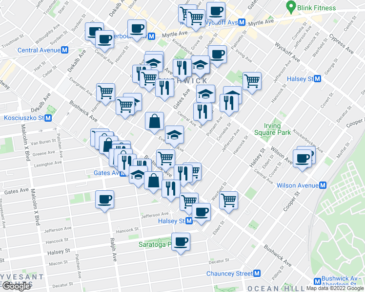 map of restaurants, bars, coffee shops, grocery stores, and more near 122 Woodbine Street in Brooklyn