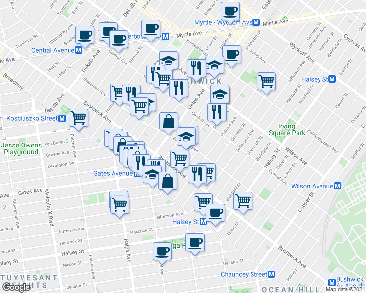 map of restaurants, bars, coffee shops, grocery stores, and more near 94 Palmetto Street in Brooklyn