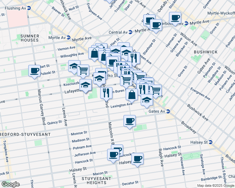 map of restaurants, bars, coffee shops, grocery stores, and more near 495 Van Buren Street in Brooklyn