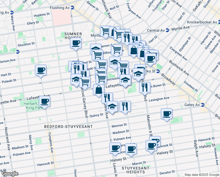 map of restaurants, bars, coffee shops, grocery stores, and more near 935 Lafayette Avenue in Brooklyn