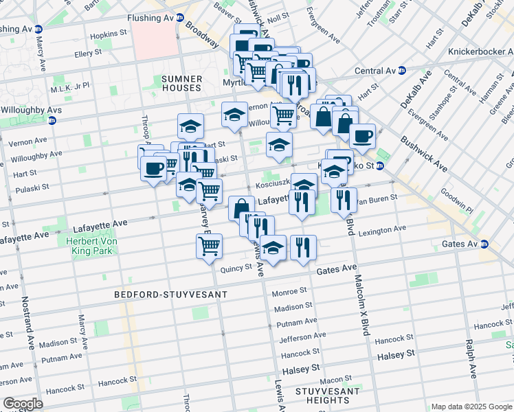 map of restaurants, bars, coffee shops, grocery stores, and more near 143 Lewis Avenue in Brooklyn