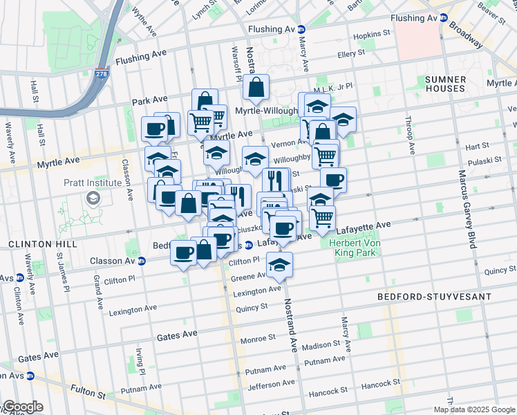 map of restaurants, bars, coffee shops, grocery stores, and more near 230 Nostrand Avenue in Brooklyn