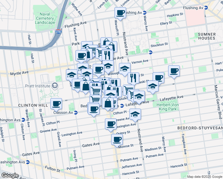 map of restaurants, bars, coffee shops, grocery stores, and more near 205 Spencer Street in Brooklyn