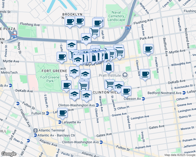 map of restaurants, bars, coffee shops, grocery stores, and more near 200 Waverly Avenue in Brooklyn