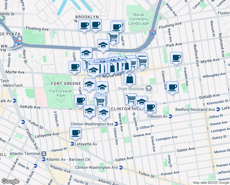 map of restaurants, bars, coffee shops, grocery stores, and more near 200 Waverly Avenue in Brooklyn