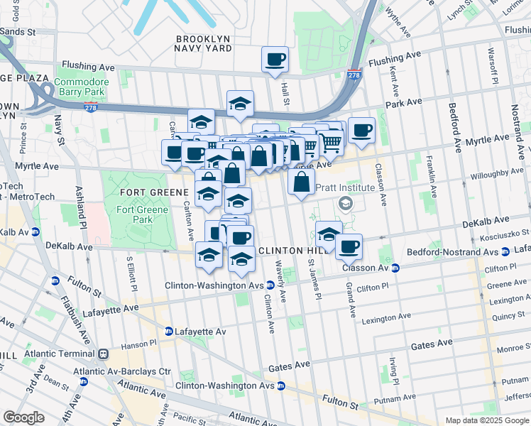 map of restaurants, bars, coffee shops, grocery stores, and more near 200 Waverly Avenue in Brooklyn