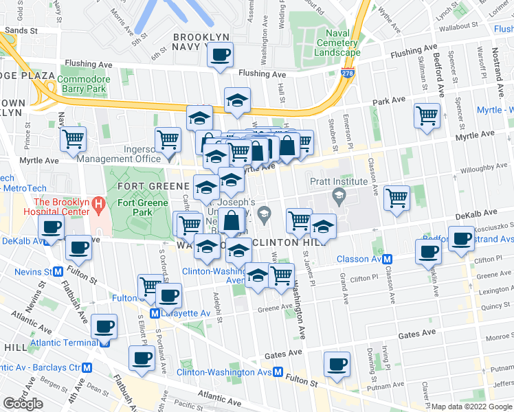 map of restaurants, bars, coffee shops, grocery stores, and more near 200 Waverly Avenue in Brooklyn