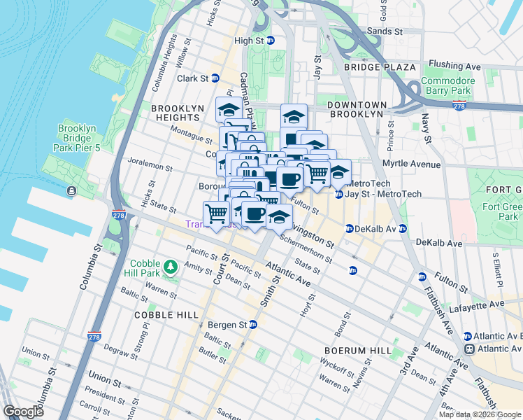 map of restaurants, bars, coffee shops, grocery stores, and more near 210 Joralemon Street in Brooklyn