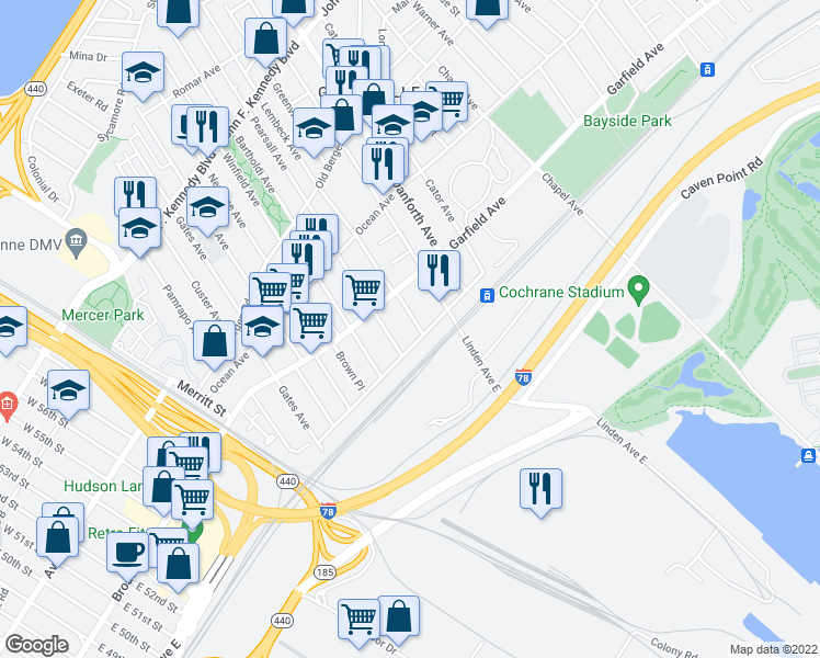 map of restaurants, bars, coffee shops, grocery stores, and more near 242 Garfield Avenue in Jersey City