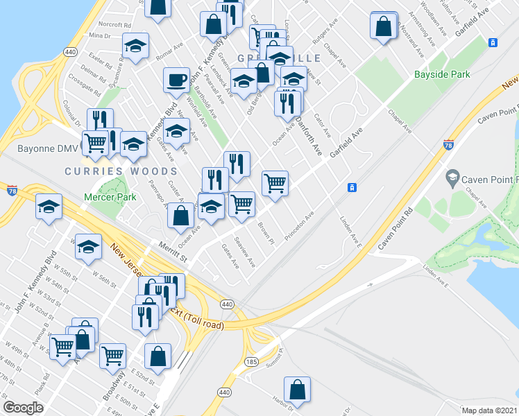 map of restaurants, bars, coffee shops, grocery stores, and more near 64 Winfield Avenue in Jersey City
