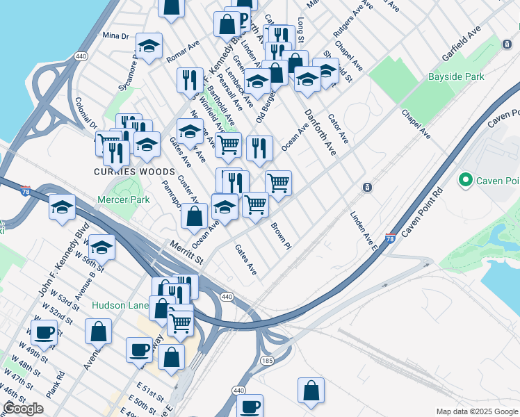 map of restaurants, bars, coffee shops, grocery stores, and more near 87 Winfield Avenue in Jersey City