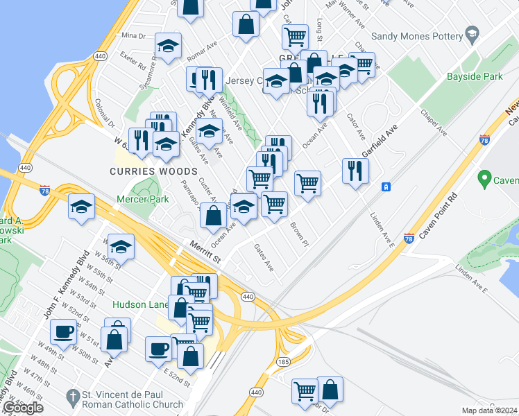map of restaurants, bars, coffee shops, grocery stores, and more near in Jersey City