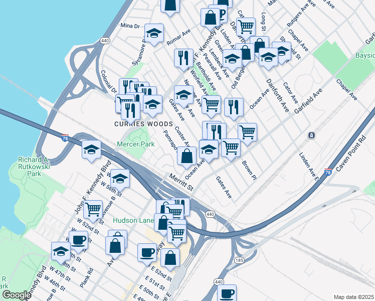map of restaurants, bars, coffee shops, grocery stores, and more near 145 Custer Avenue in Jersey City