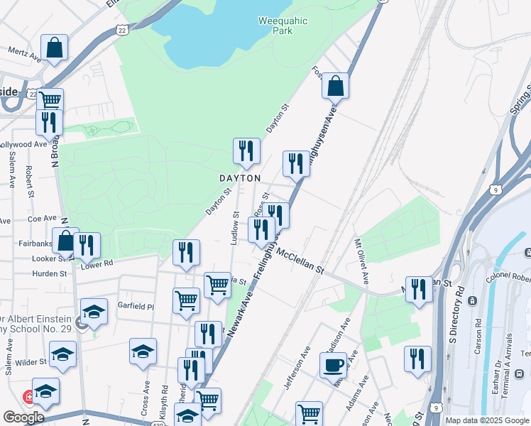 map of restaurants, bars, coffee shops, grocery stores, and more near 72-74 Hanford Street in Newark