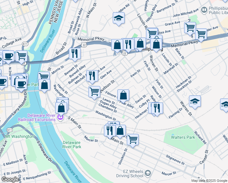 map of restaurants, bars, coffee shops, grocery stores, and more near 208 Irwin Street in Phillipsburg