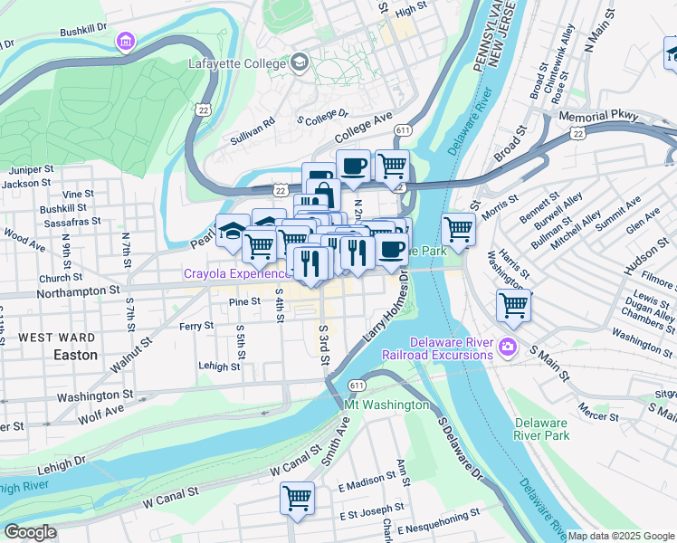map of restaurants, bars, coffee shops, grocery stores, and more near 60 Centre Square in Easton
