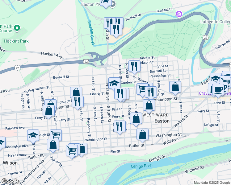 map of restaurants, bars, coffee shops, grocery stores, and more near 1207 Spring Garden Street in Easton