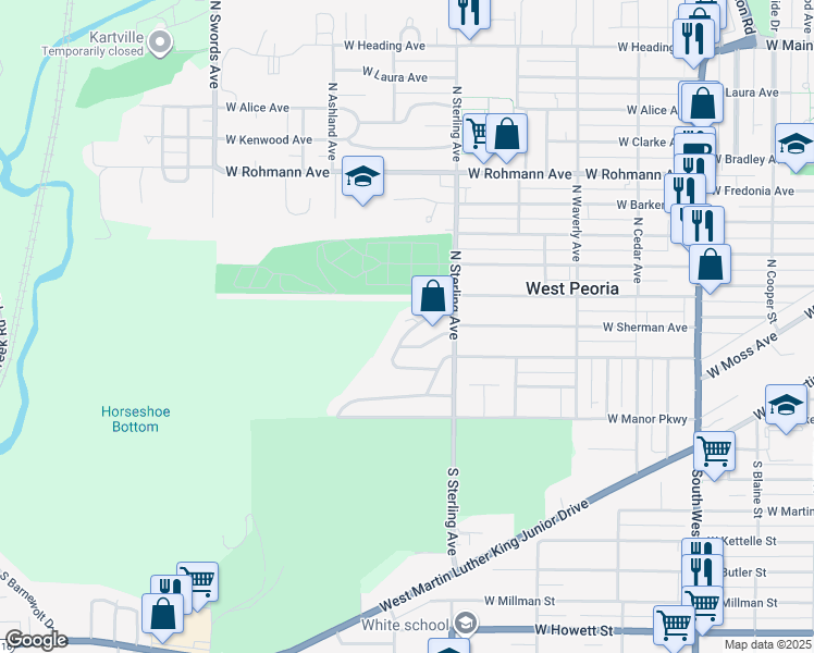 map of restaurants, bars, coffee shops, grocery stores, and more near 307 North Kickapoo Terrace in Peoria