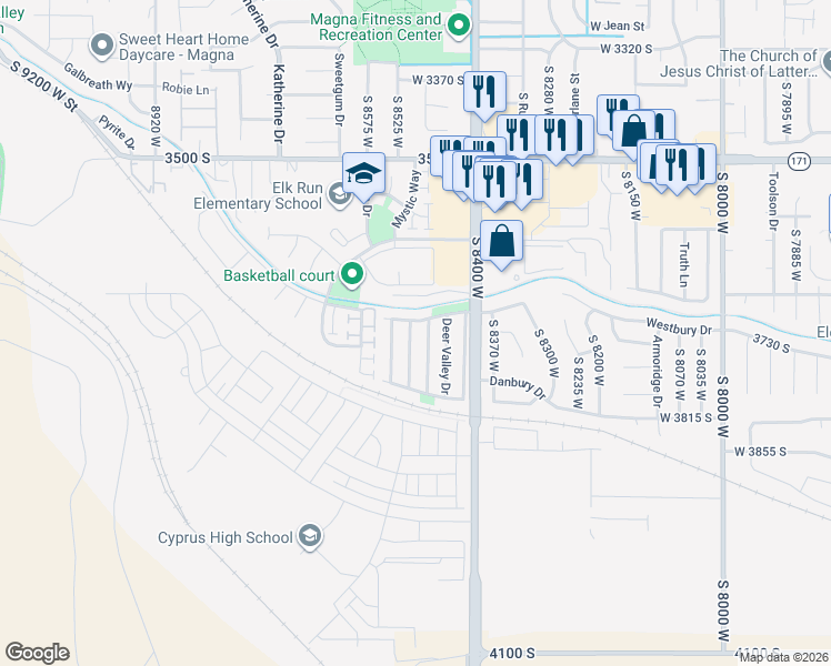 map of restaurants, bars, coffee shops, grocery stores, and more near 8480 Sunset Hills Drive in Magna