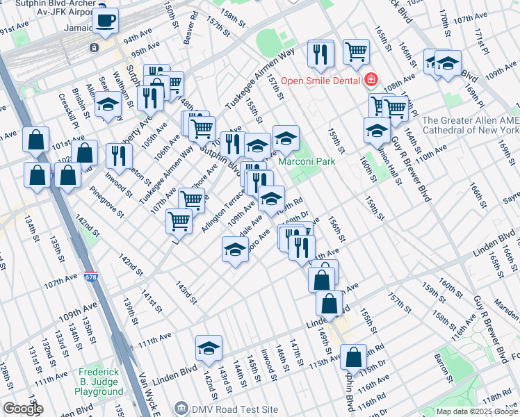 map of restaurants, bars, coffee shops, grocery stores, and more near 10842 Sutphin Boulevard in Queens