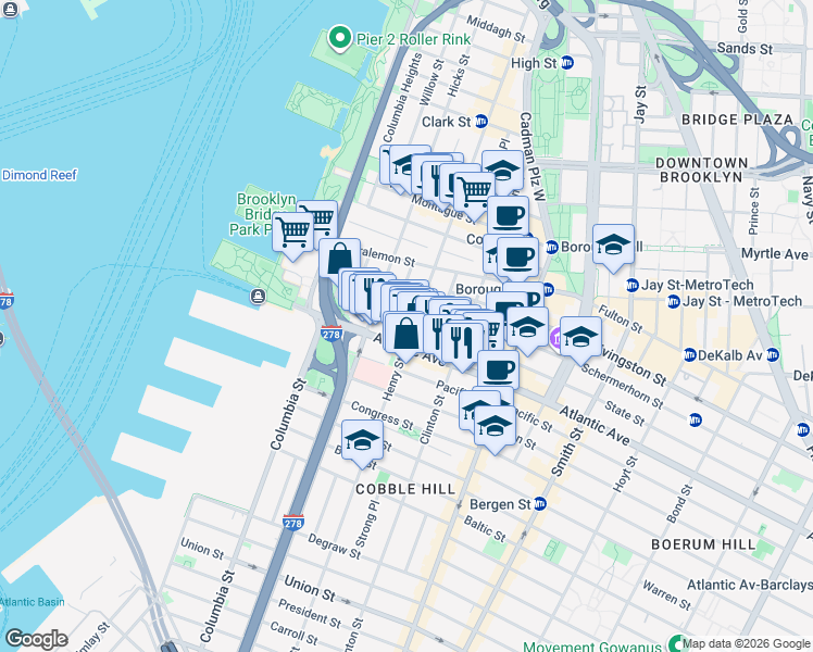 map of restaurants, bars, coffee shops, grocery stores, and more near 41 Garden Place in Brooklyn