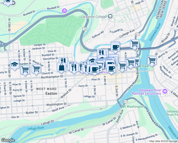 map of restaurants, bars, coffee shops, grocery stores, and more near 44 North 6th Street in Easton