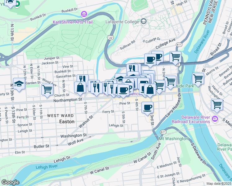 map of restaurants, bars, coffee shops, grocery stores, and more near 44 North 6th Street in Easton
