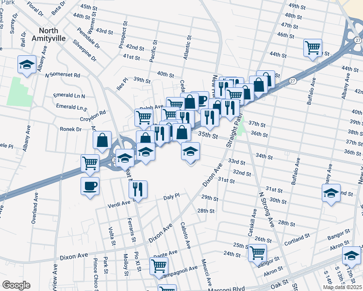 map of restaurants, bars, coffee shops, grocery stores, and more near 1187 Sunrise Highway in Copiague