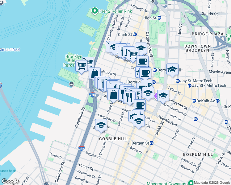 map of restaurants, bars, coffee shops, grocery stores, and more near Henry St & State St in Brooklyn