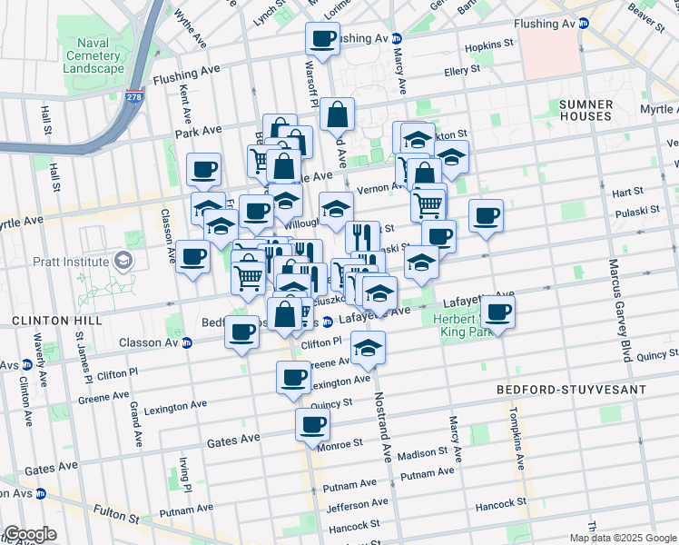 map of restaurants, bars, coffee shops, grocery stores, and more near 585 Dekalb Avenue in Brooklyn