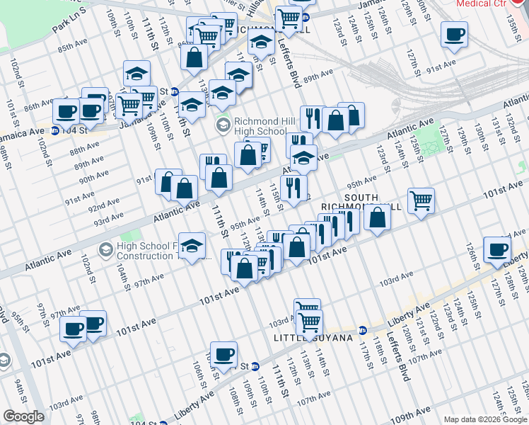 map of restaurants, bars, coffee shops, grocery stores, and more near 94-29 114th Street in Queens