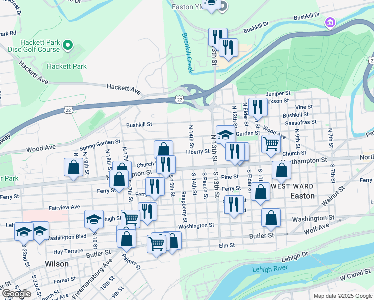 map of restaurants, bars, coffee shops, grocery stores, and more near 1415 Liberty Street in Easton