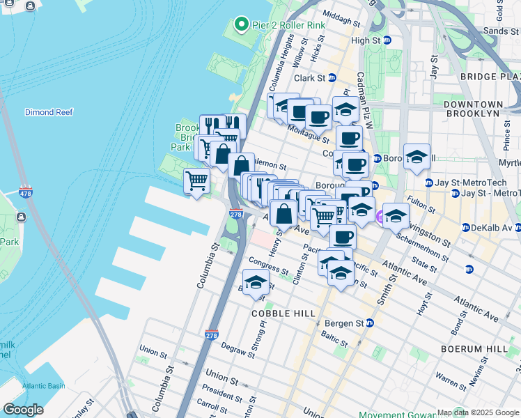 map of restaurants, bars, coffee shops, grocery stores, and more near 331 Hicks Street in Kings County