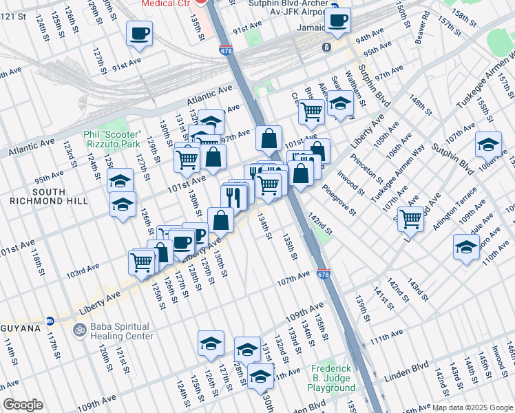 map of restaurants, bars, coffee shops, grocery stores, and more near Liberty Ave & 134th St in Queens